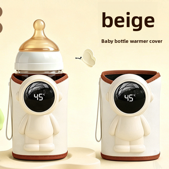 Beige astronaut style baby bottle warmer sleeve on a bottle, with a second beige sleeve beside it