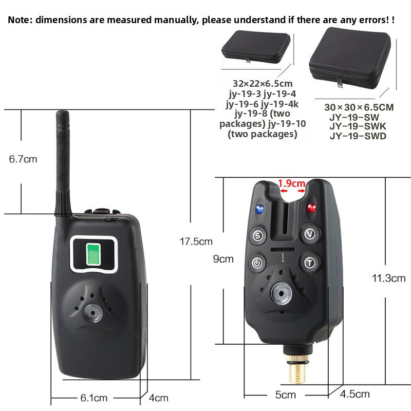 Size diagram of the receiver and a bite alarm in centimeters