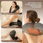 Black shiatsu neck and shoulder massager draped in use over the shoulders with the control buttons visible