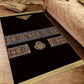 Plush velvet Islamic prayer mat with a printed ornamental design and fringed ends on a wood floor