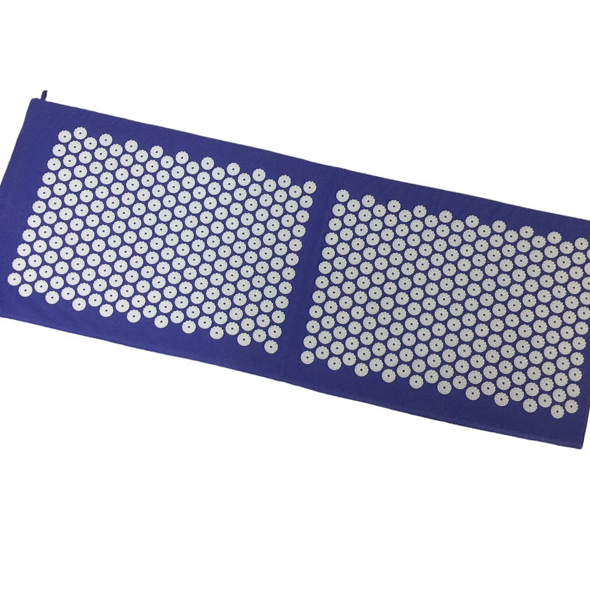 Close view of a blue cotton spiked mat with two panels of white plastic spikes on a white background