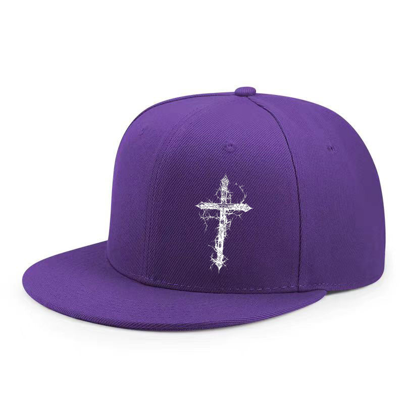 Flat brim snapback cap with a white lightning cross and a tall structured six panel crown