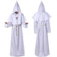 Front and back views of a white hooded monk robe with a rope belt and a cross pendant