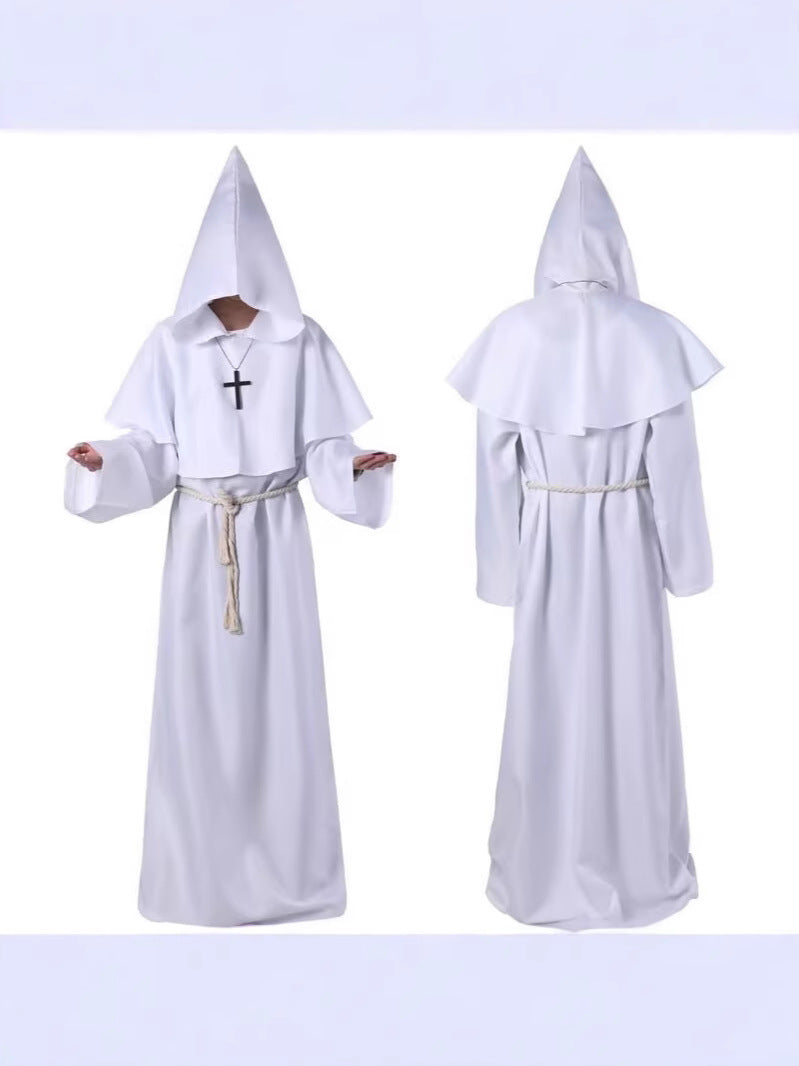 Front and back views of a white hooded monk robe with a rope belt and a cross pendant