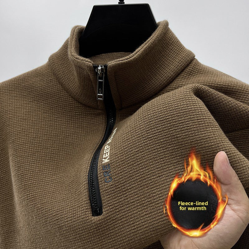 Coffee Brown waffle knit half zip sweater with stand collar and fleece lining, size L option