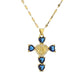 Gold tone cubic zirconia cross pendant with a shaped bail and lobster style clasp
