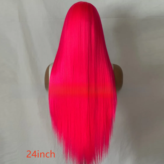 Back view of the 24 inch rose pink straight wig on a mannequin with the length label