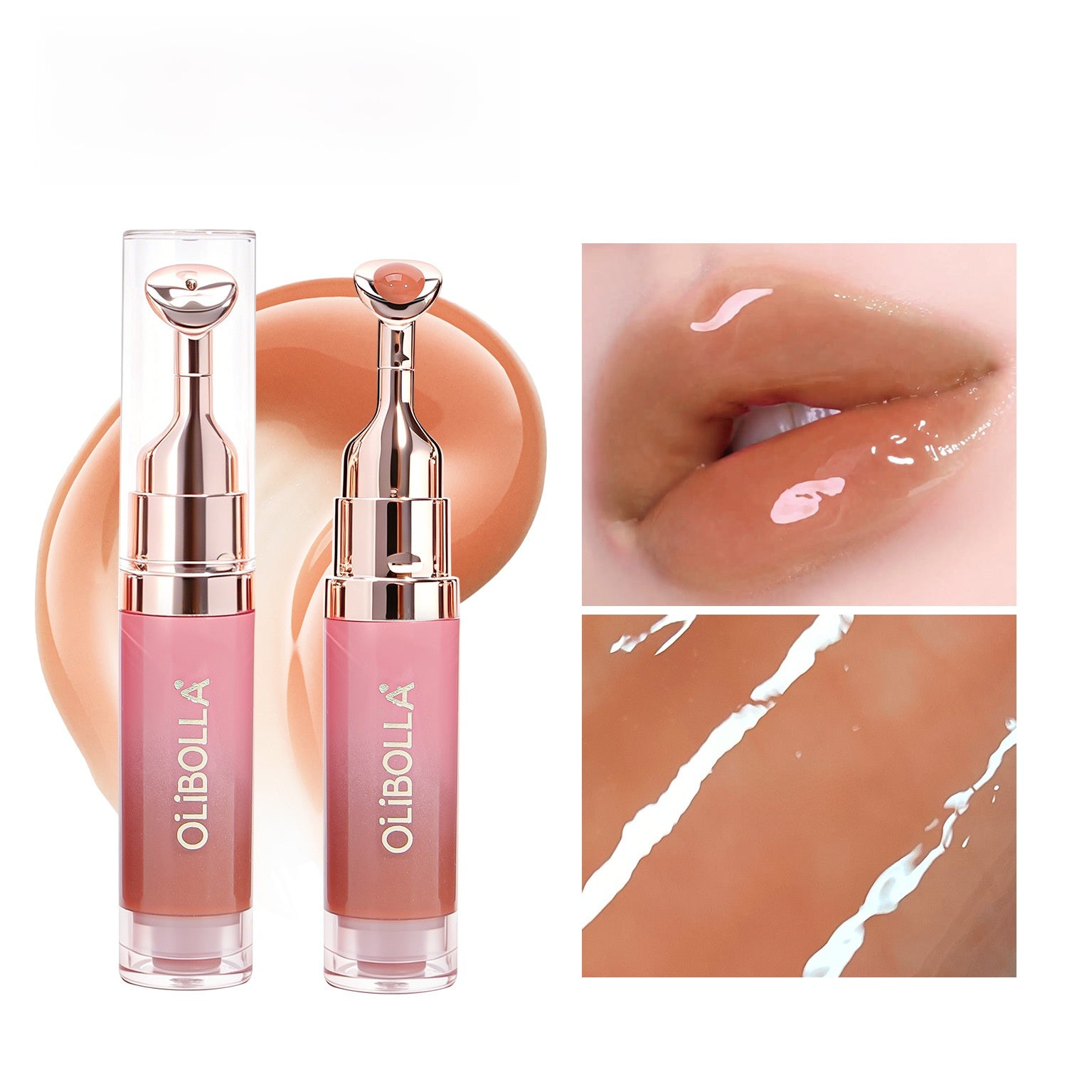 Pink OLIBOLLA lip glaze tube with metal tip and a glossy tinted lip swatch