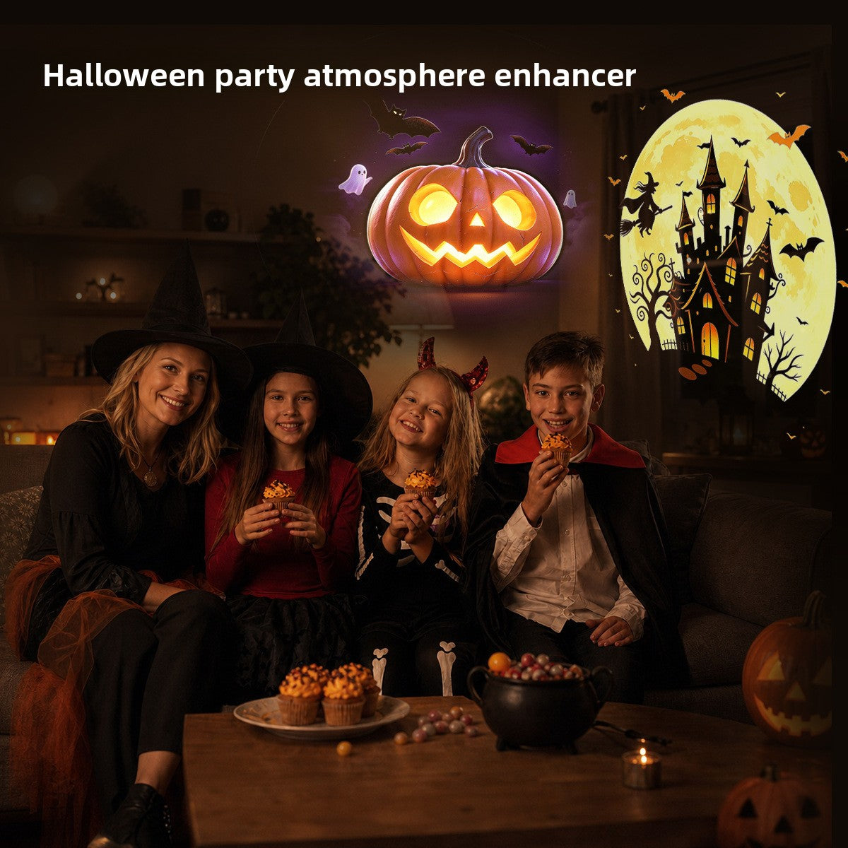 Family in Halloween costumes under a projected jack-o'-lantern and haunted castle moon on a living room wall