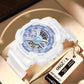Watch detail showing the back lock button for safe storage