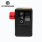 Front view of the black electric air pump with red knob, three buttons and LED screen on a white background