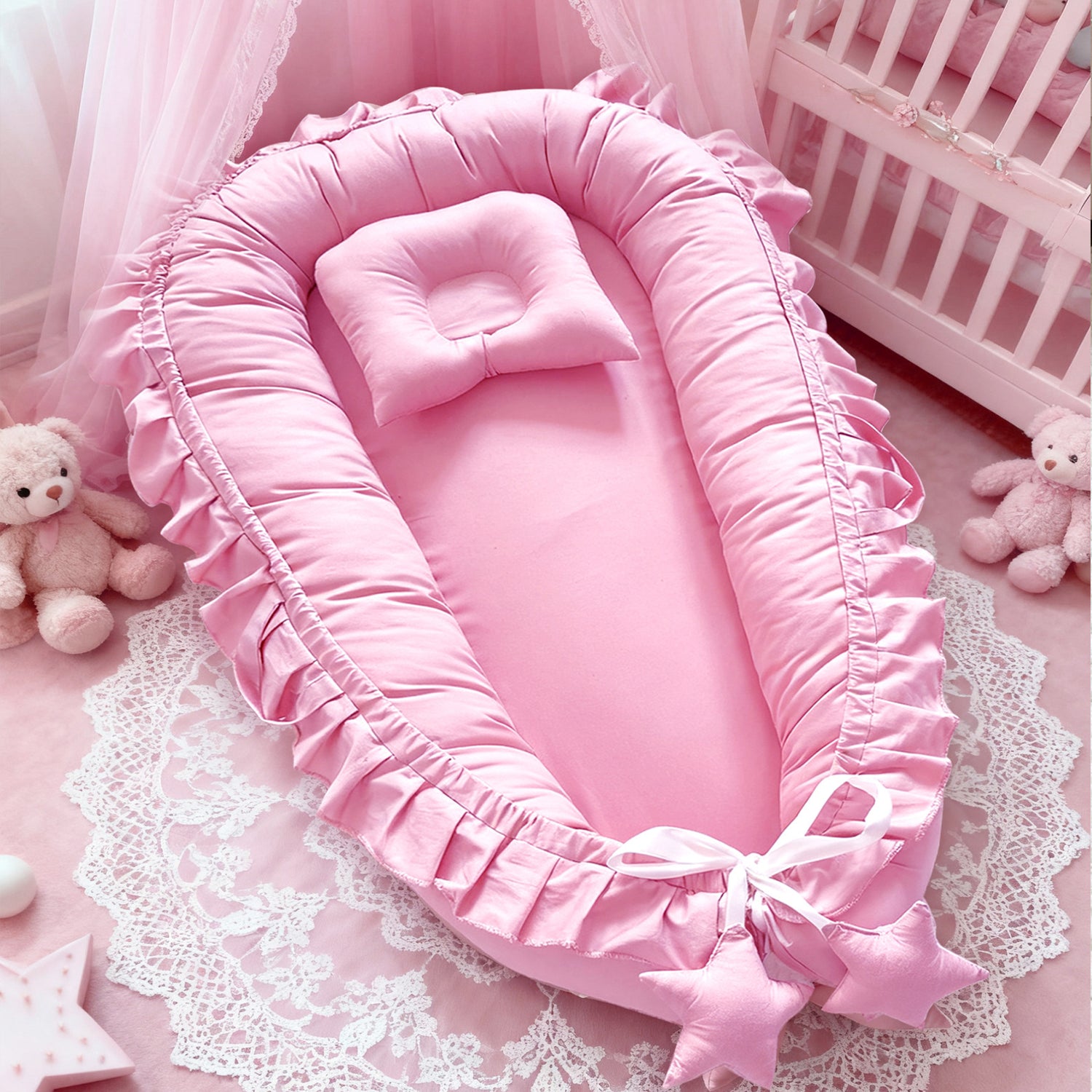 Top view of the padded baby nest showing the cushioned rim and flat pillow