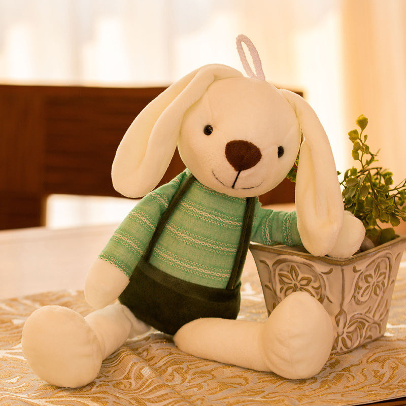 Cream plush rabbit in a sage striped top and deep green suspender shorts, Dark green 50cm option