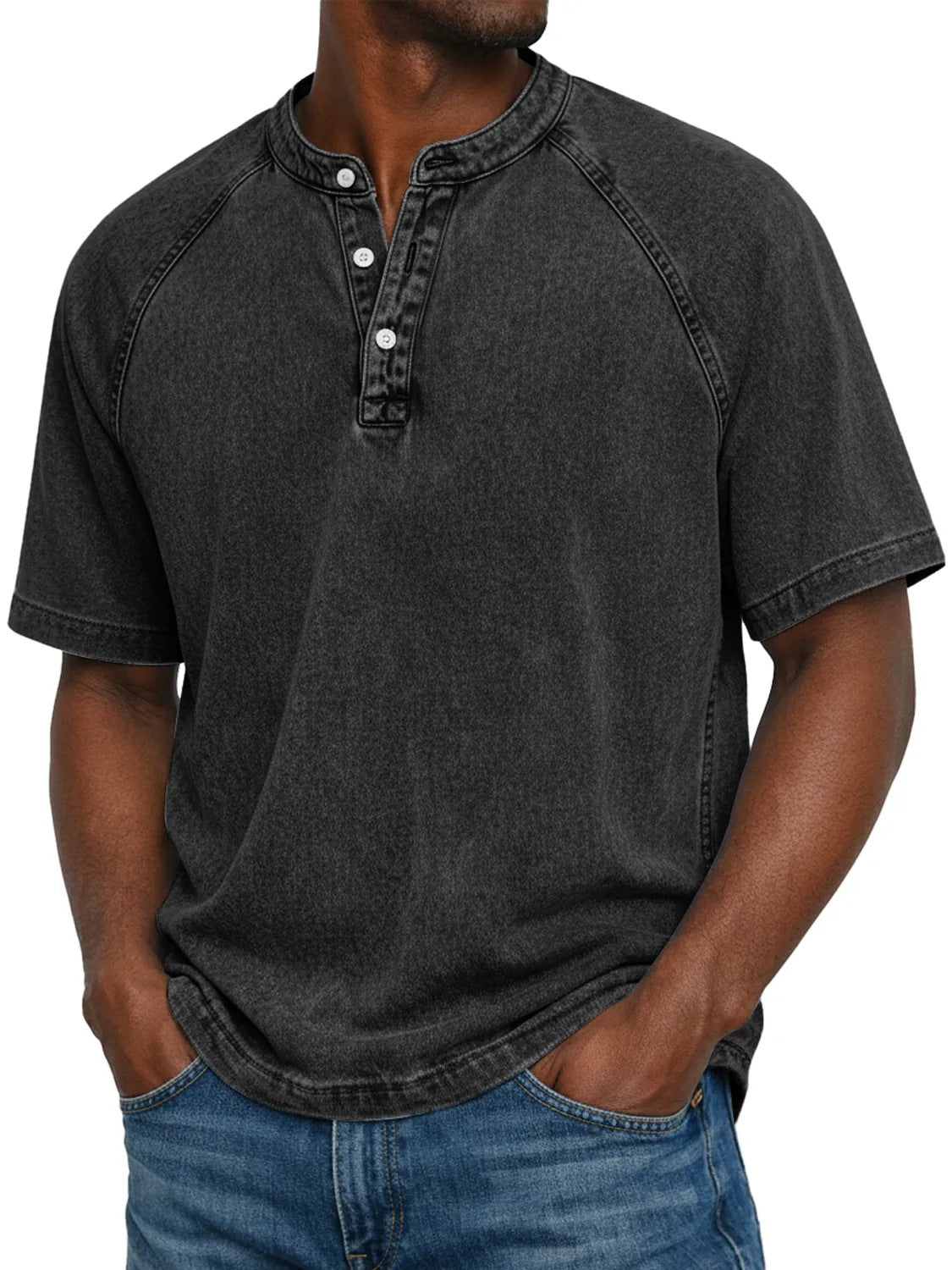 Washed denim henley paired with everyday casual items