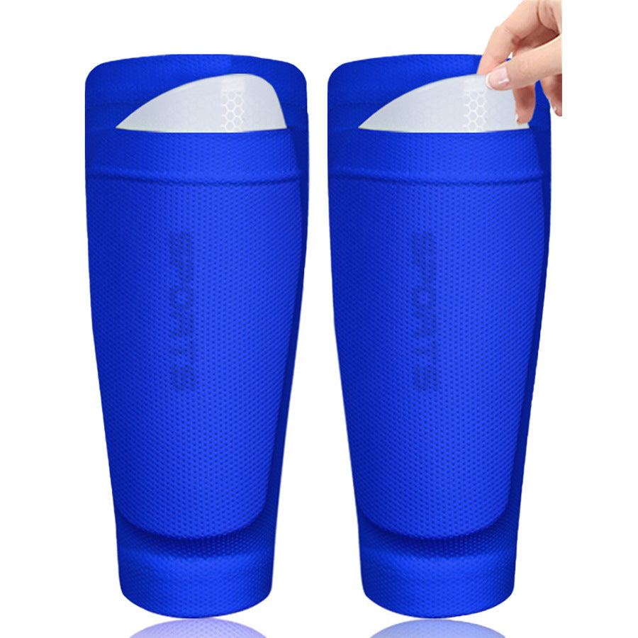 Blue double layer soccer shin guard sleeves with a hand inserting a guard plate, Blue option, size Teen M