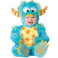 Baby in a blue furry monster costume with striped horns and a yellow spotted belly, Blue Monster option, 95cm size