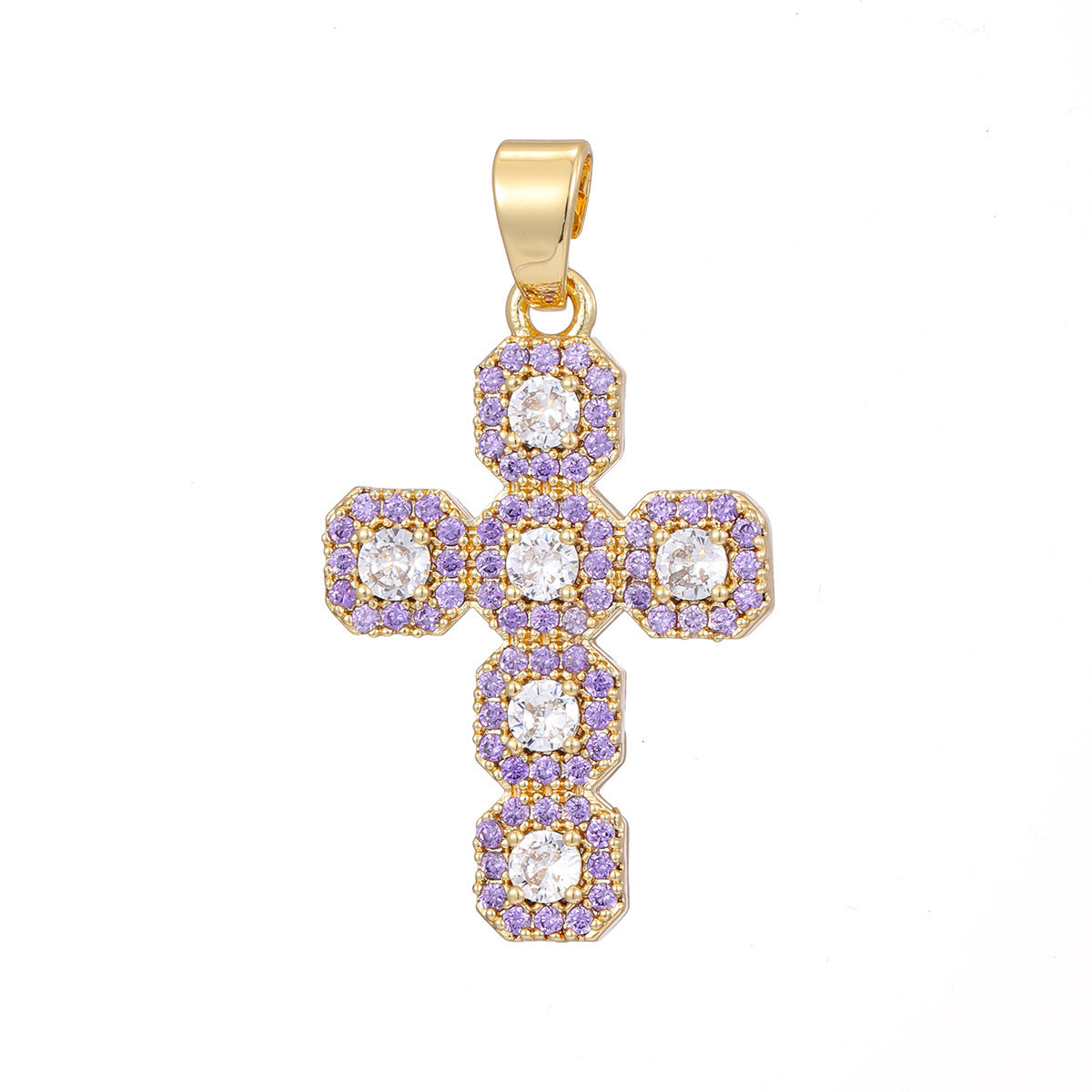 Gold tone cubic zirconia cross pendant with a shaped bail and lobster style clasp