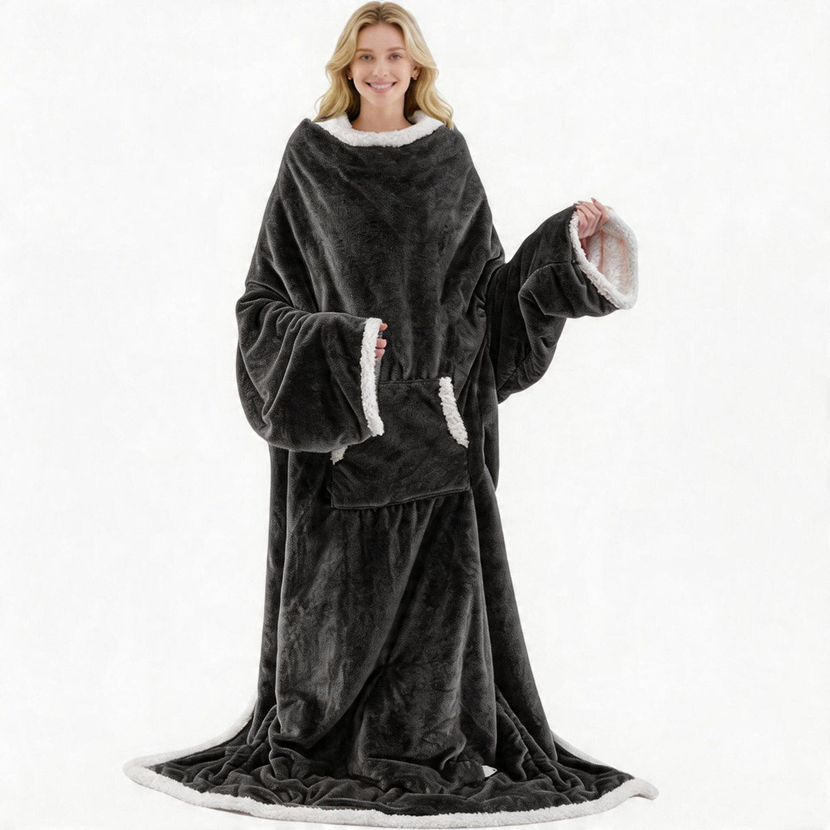 Wearable heated blanket in Dark Gray flannel with sleeves, sherpa cuffs and large front pocket, Dark Gray option
