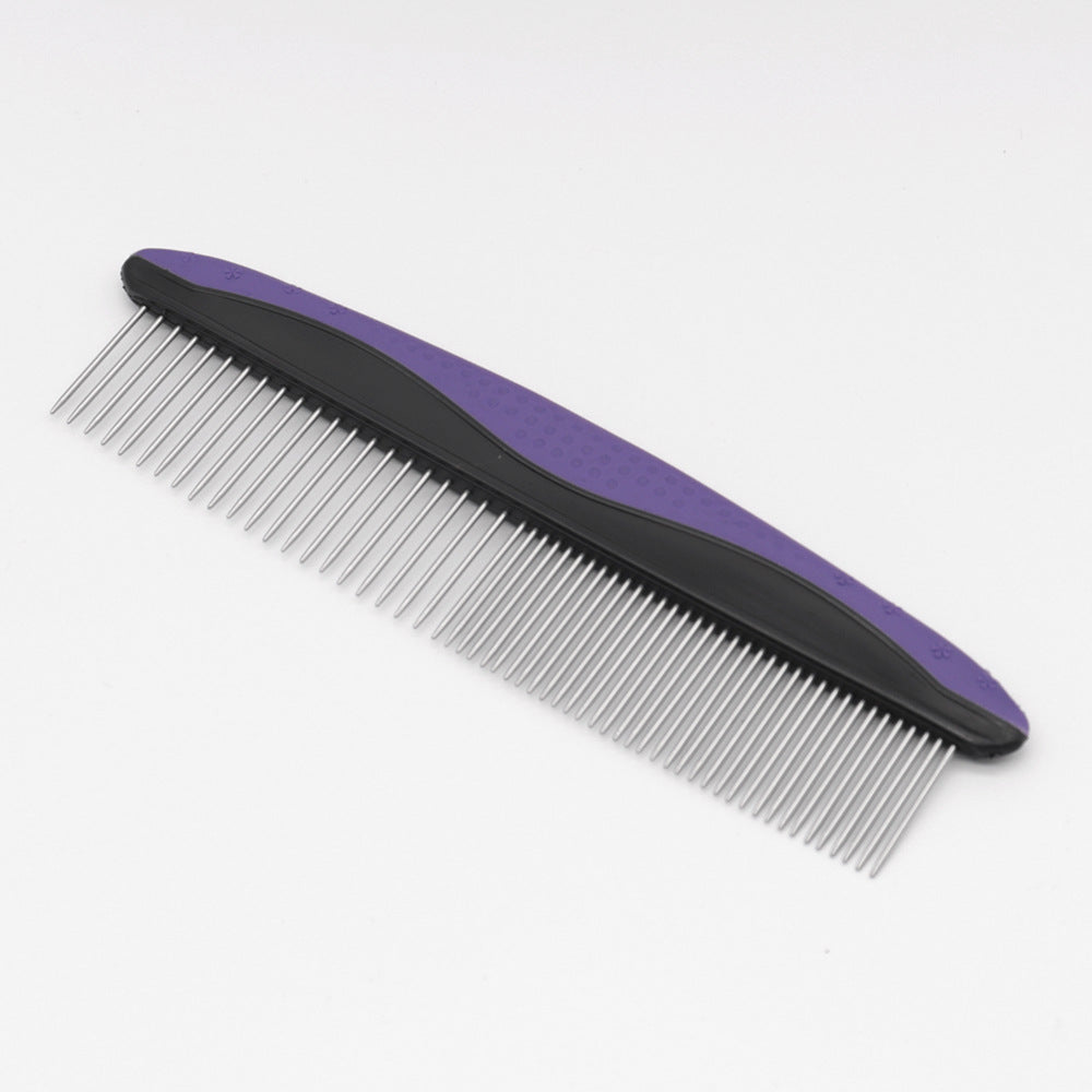Close view of the rounded pin tips on a stainless steel pet comb