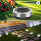 Solar garden disk light with eight LEDs and a two piece ground spike assembly diagram