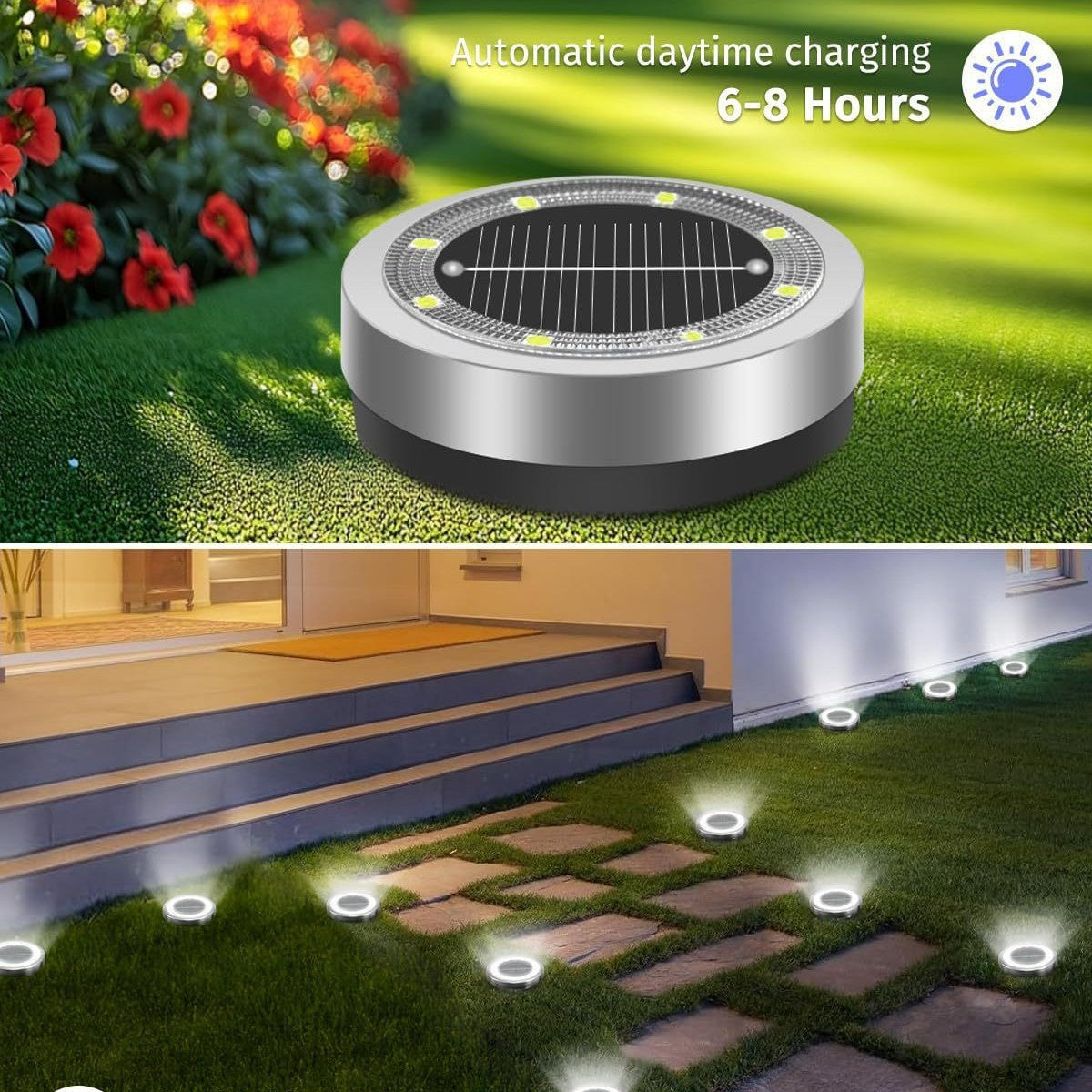 Solar garden disk light with eight LEDs and a two piece ground spike assembly diagram
