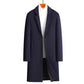 Navy blue single-breasted long coat with notch lapel and two buttons over a white turtleneck, size 190/3X option