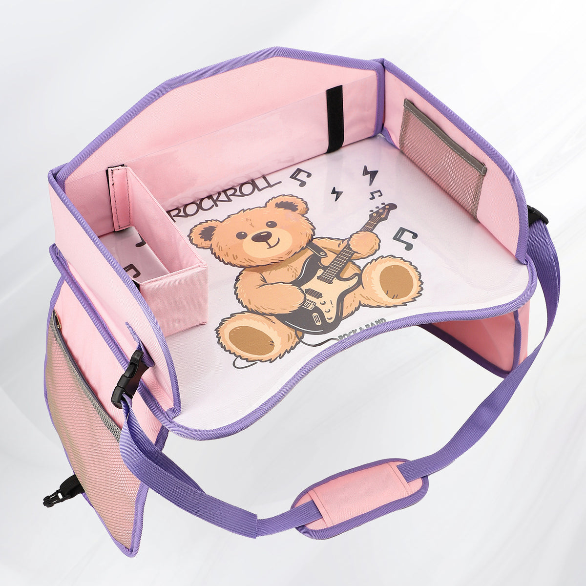 Pink Teddy Bear kids travel tray with printed top, divider box, mesh pocket and strap