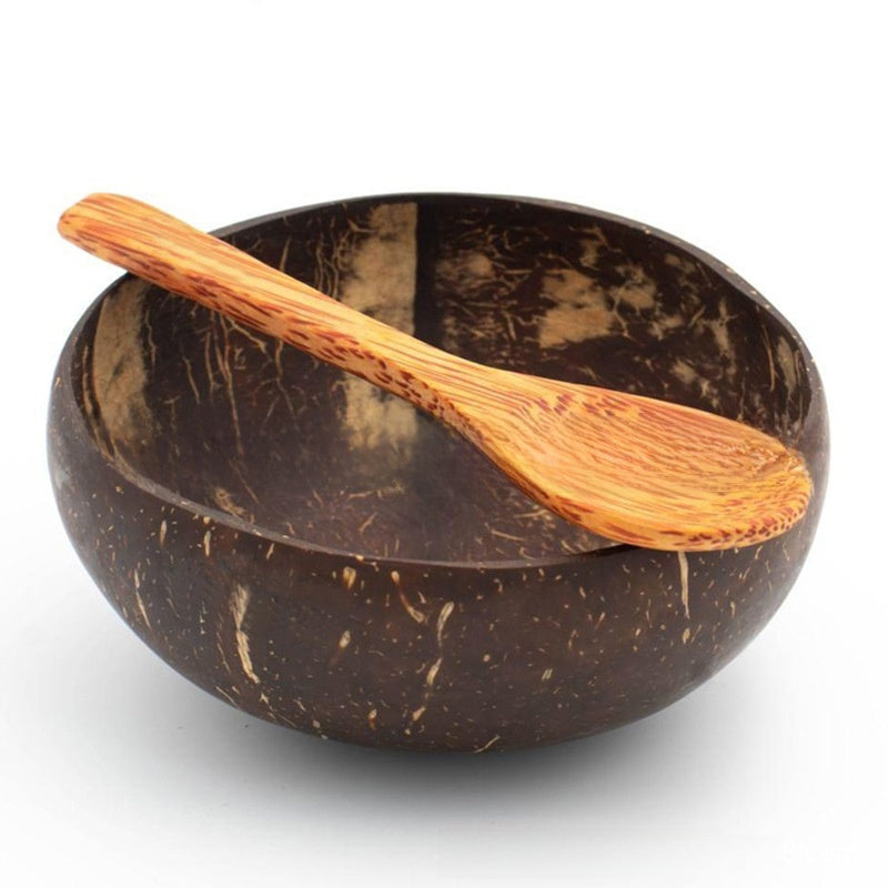 Natural coconut shell bowl with a coconut wood spoon resting across the rim