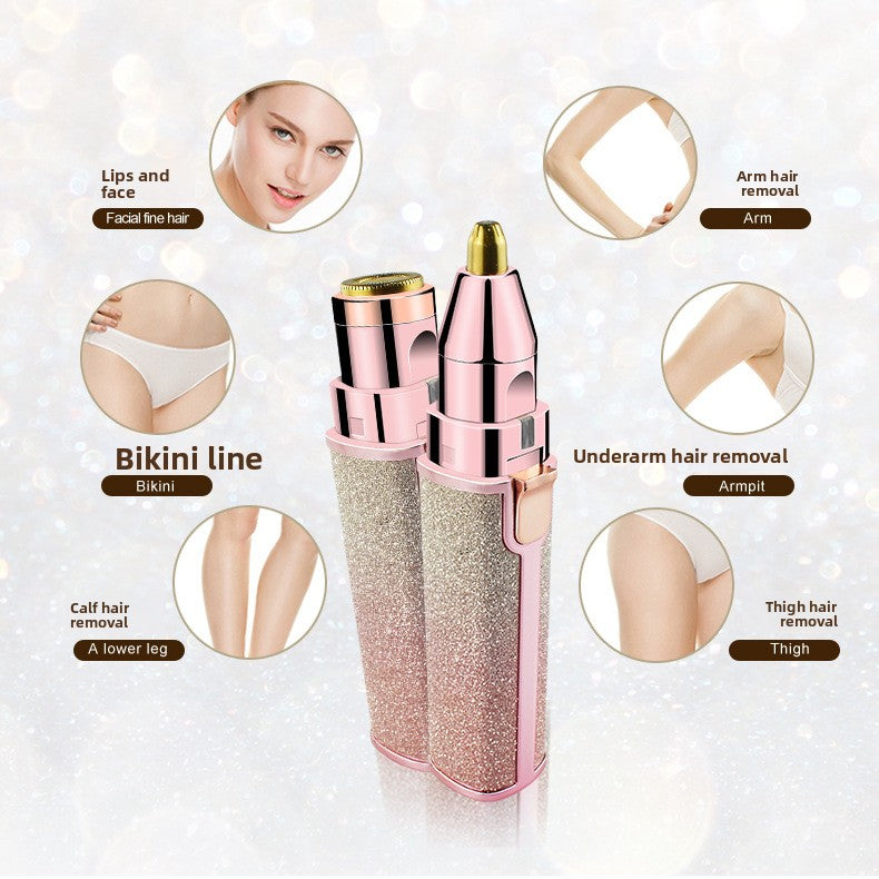 Diagram showing the ladies shaver used on face, underarm, bikini line, and legs