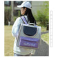 Front view of the ventilated cat carrier backpack showing the clear domed window, top mesh vent and front zip pocket