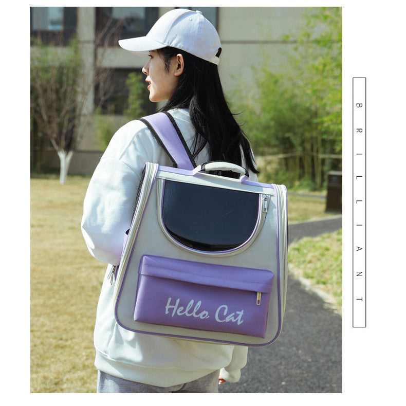 Front view of the ventilated cat carrier backpack showing the clear domed window, top mesh vent and front zip pocket