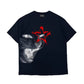 Black oversize short sleeve tee with a snarling cat halftone print and a red star on a white background