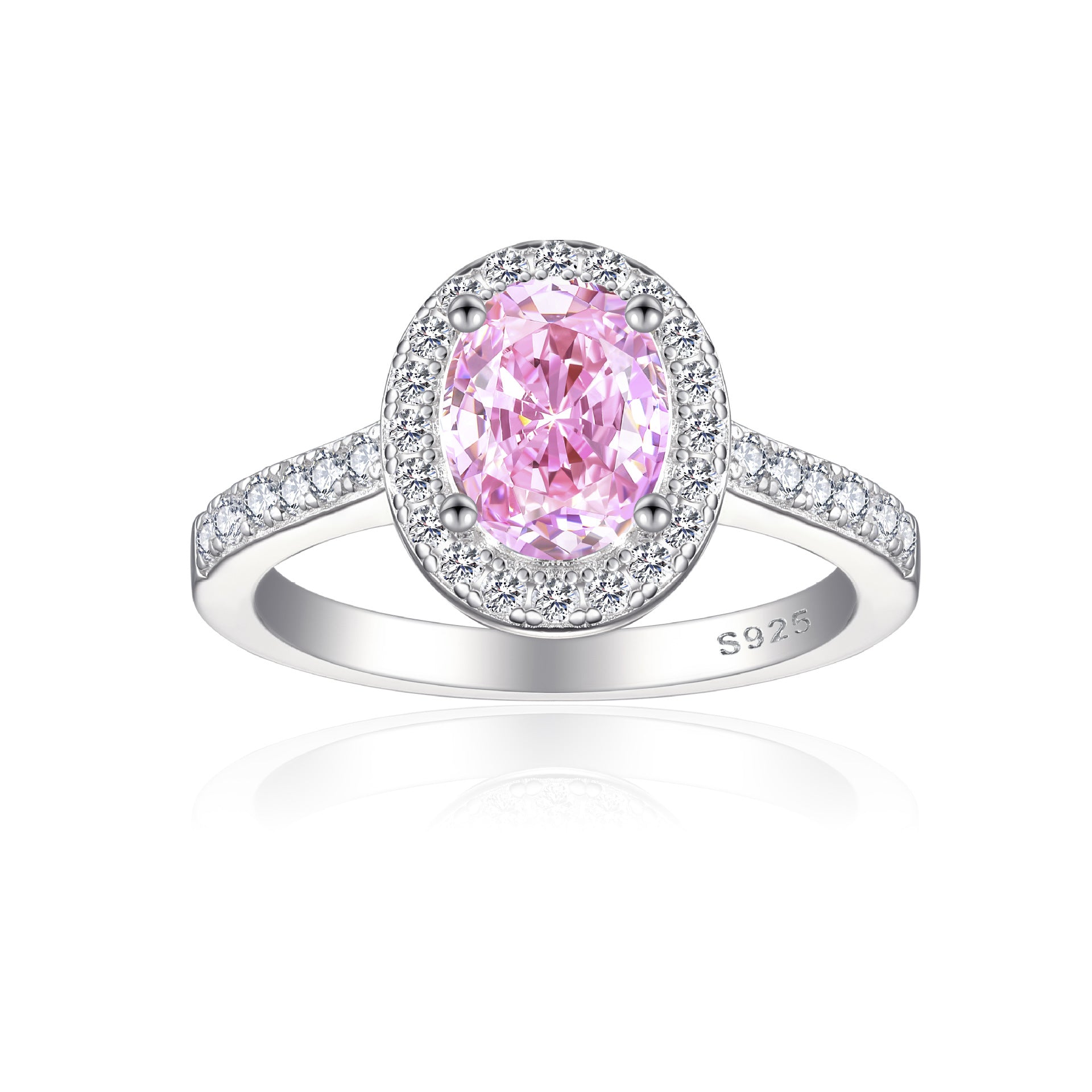 Front view of an oval pink stone halo ring on an S925 sterling silver band with clear pave