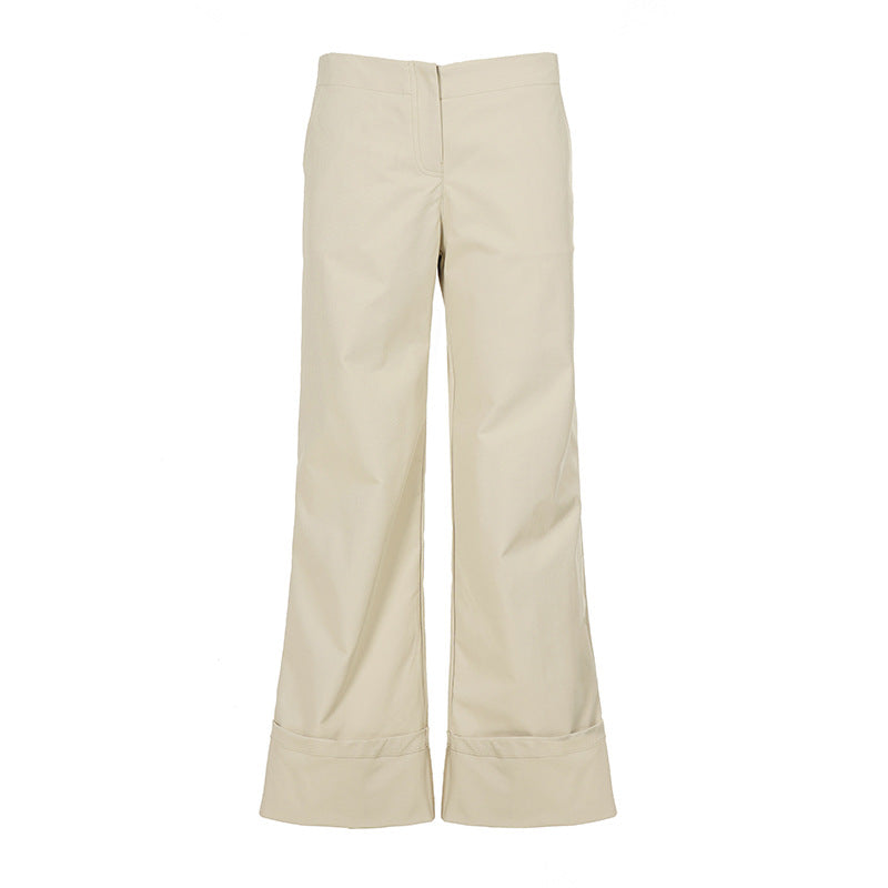Beige straight wide leg trousers with a folded cuff hem on white, option photo for size L