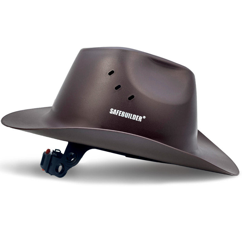 Brown HDPE cowboy safety helmet showing adjustment ratchet and wide brim
