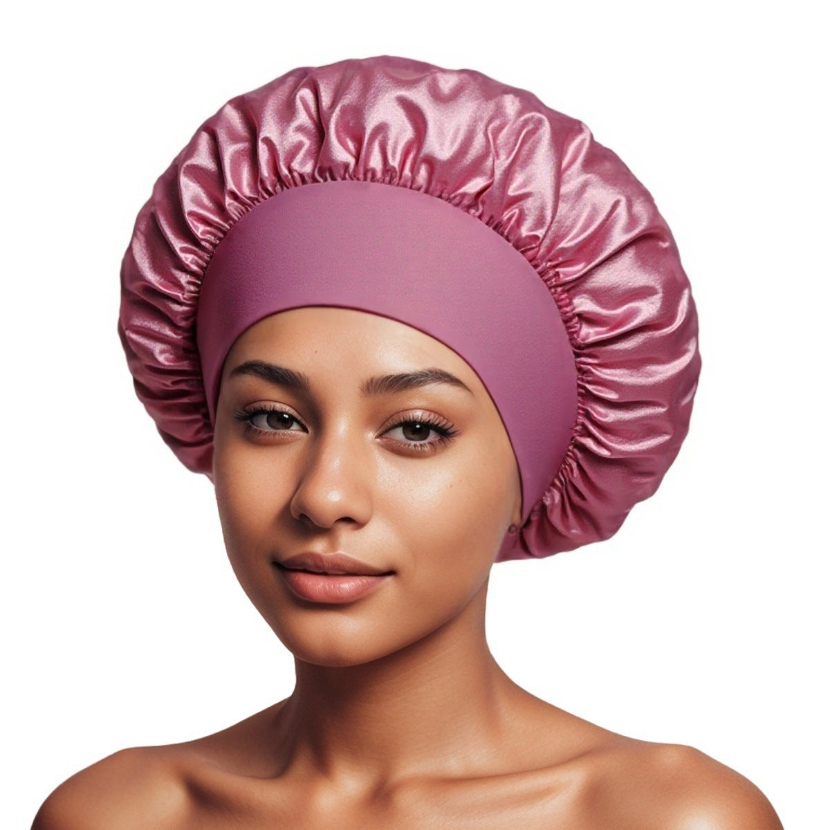 Dusty Rose satin sleep bonnet with ruffled crown and wide elastic band, 30 cm diameter