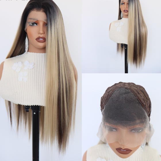 Long Straight Synthetic Lace Front Wig in Mixed Blonde and Brown