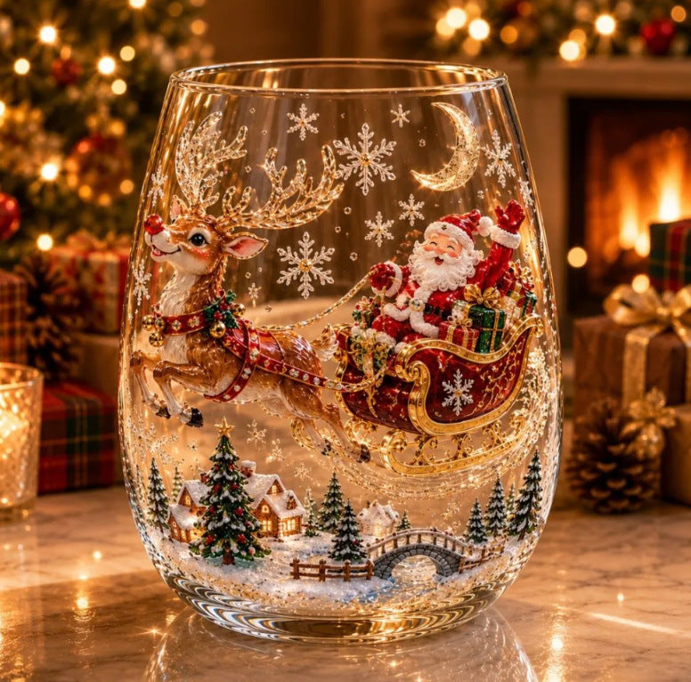 Clear borosilicate Christmas glass cup with a raised painted 3D sleigh and reindeer holiday motif