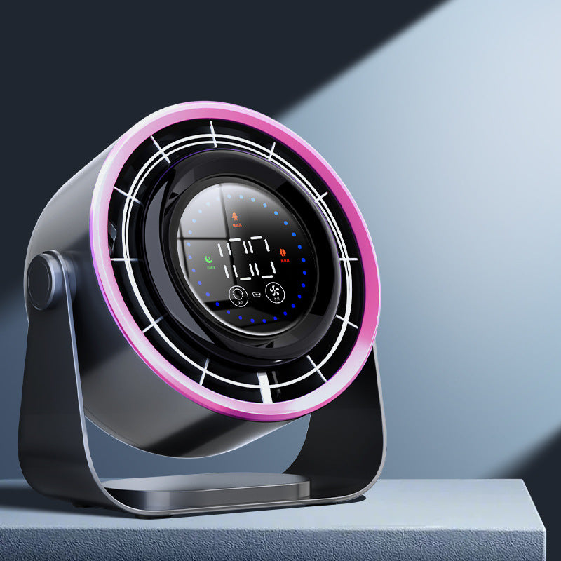 Rechargeable desk fan front view with round digital display and pink accent ring on a shelf