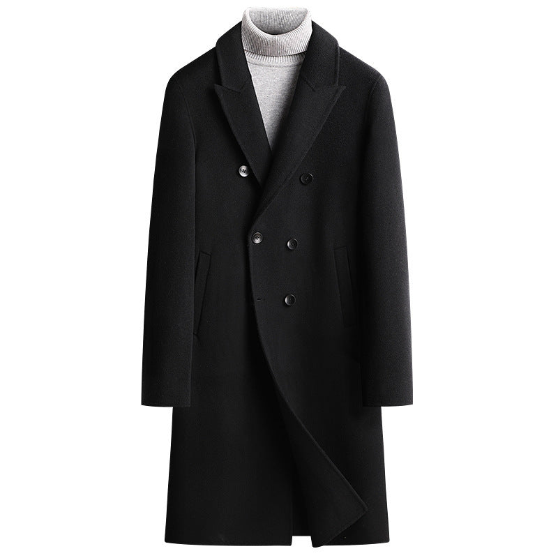 Black double-breasted long wool coat with wide peak lapels over a gray turtleneck, Black 195/XXXXL option photo