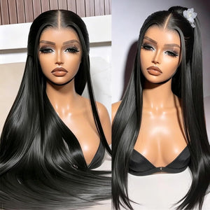 Model wearing a long straight black lace front wig with a center part, front view