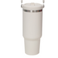 Cream insulated tumbler with a stainless steel ring below the flip lid and a handle at the top