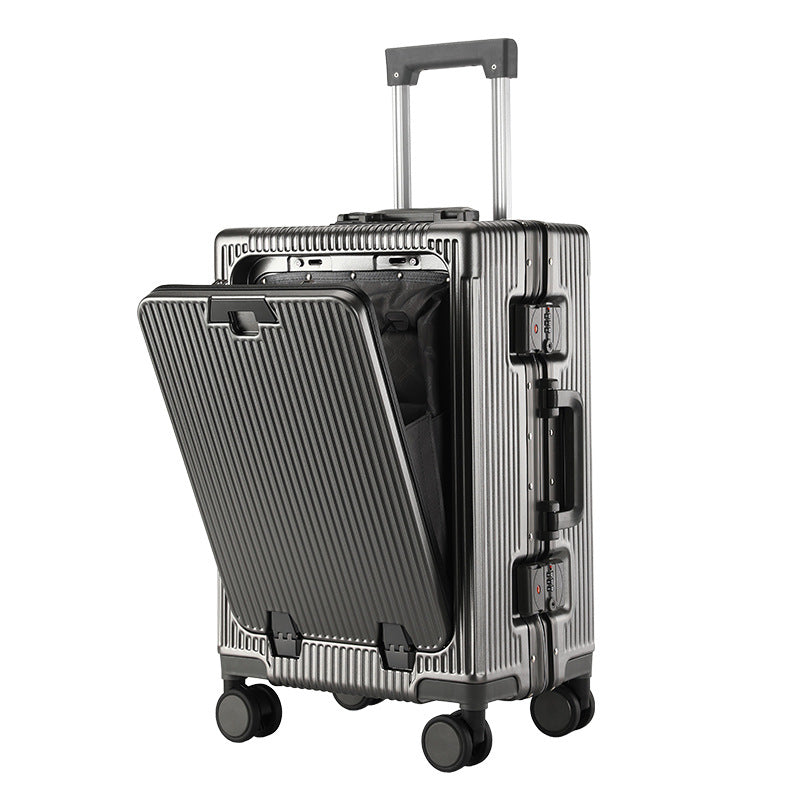 Ribbed hardside case standing upright on its four double spinner wheel mounts