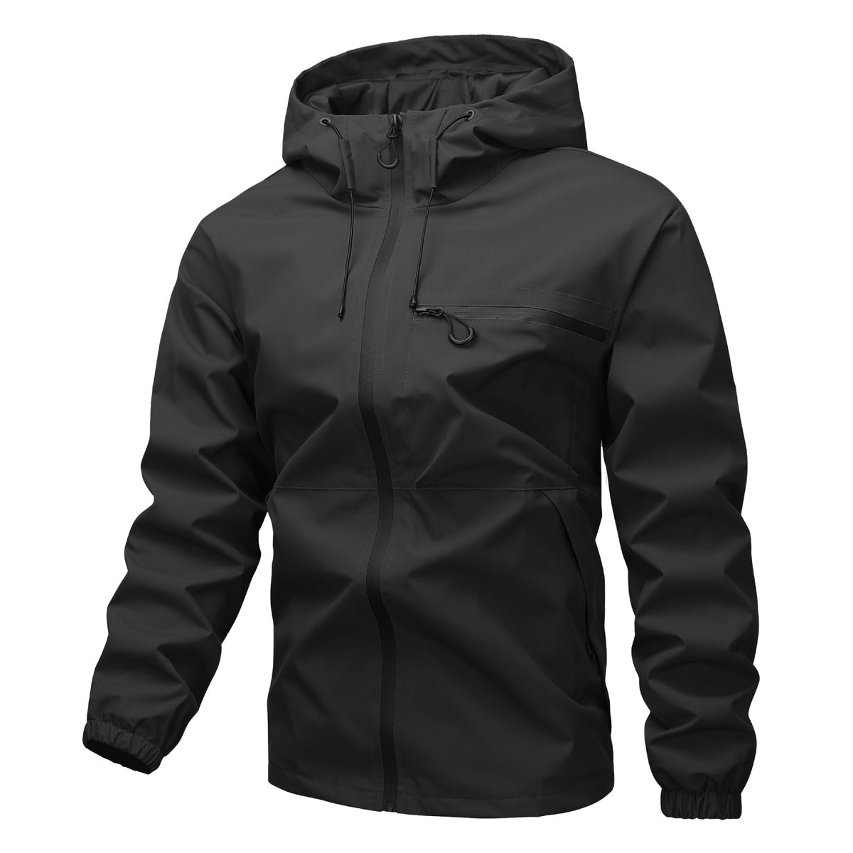 Black hooded zip jacket with drawstring hood, front zip and chest zip pocket, flat front view