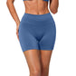 Azure blue high waisted seamless yoga shorts with a wide ribbed waistband, front view, size L option