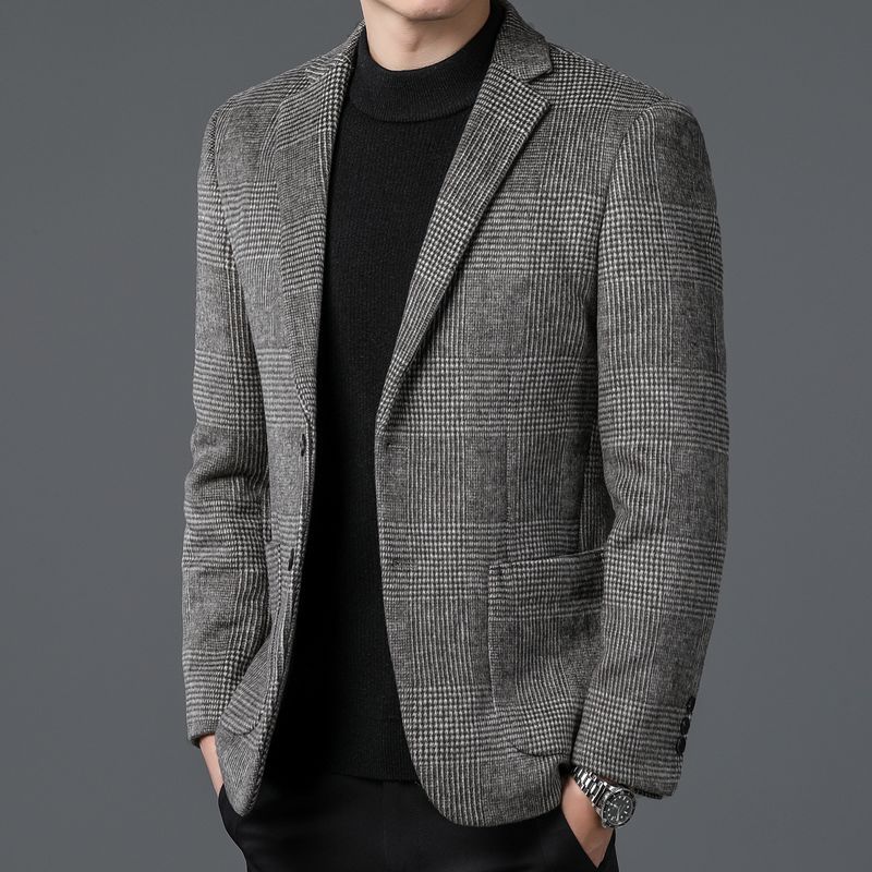 Mens checkered wool blend two button blazer in coffee, notch collar detail