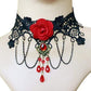 Lace band choker necklace with fine alloy chain swags and teardrop bead accents