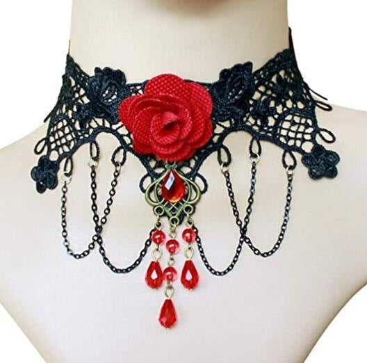 Lace band choker necklace with fine alloy chain swags and teardrop bead accents
