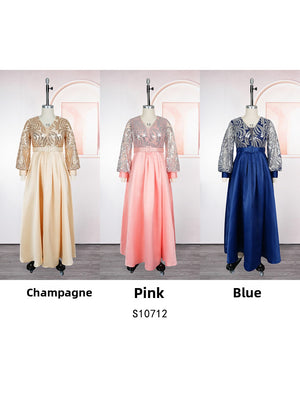 Sequin mesh bodice maxi dress with lantern sleeves and a wide satin skirt, worn view