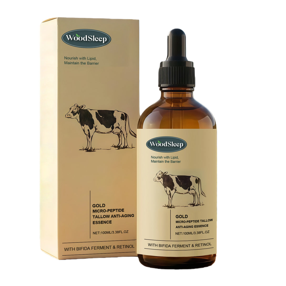 WoodSleep tallow face essence amber dropper bottle, 100 ml with retinol and bifida ferment